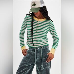 Free People Green and Pink Striped Button Down Shirt